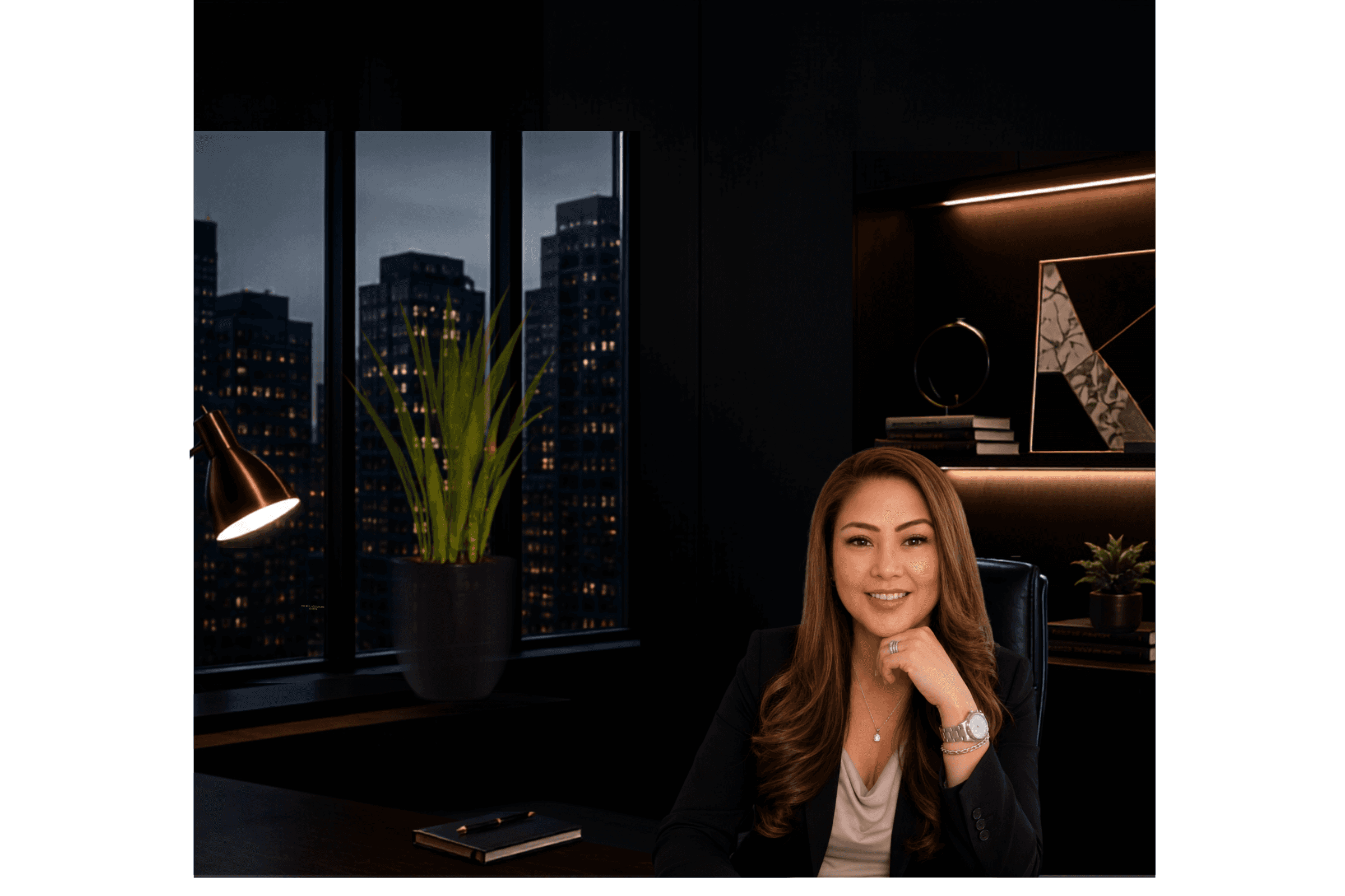 Professional business consultant working on a laptop in a modern office with city skyline view.