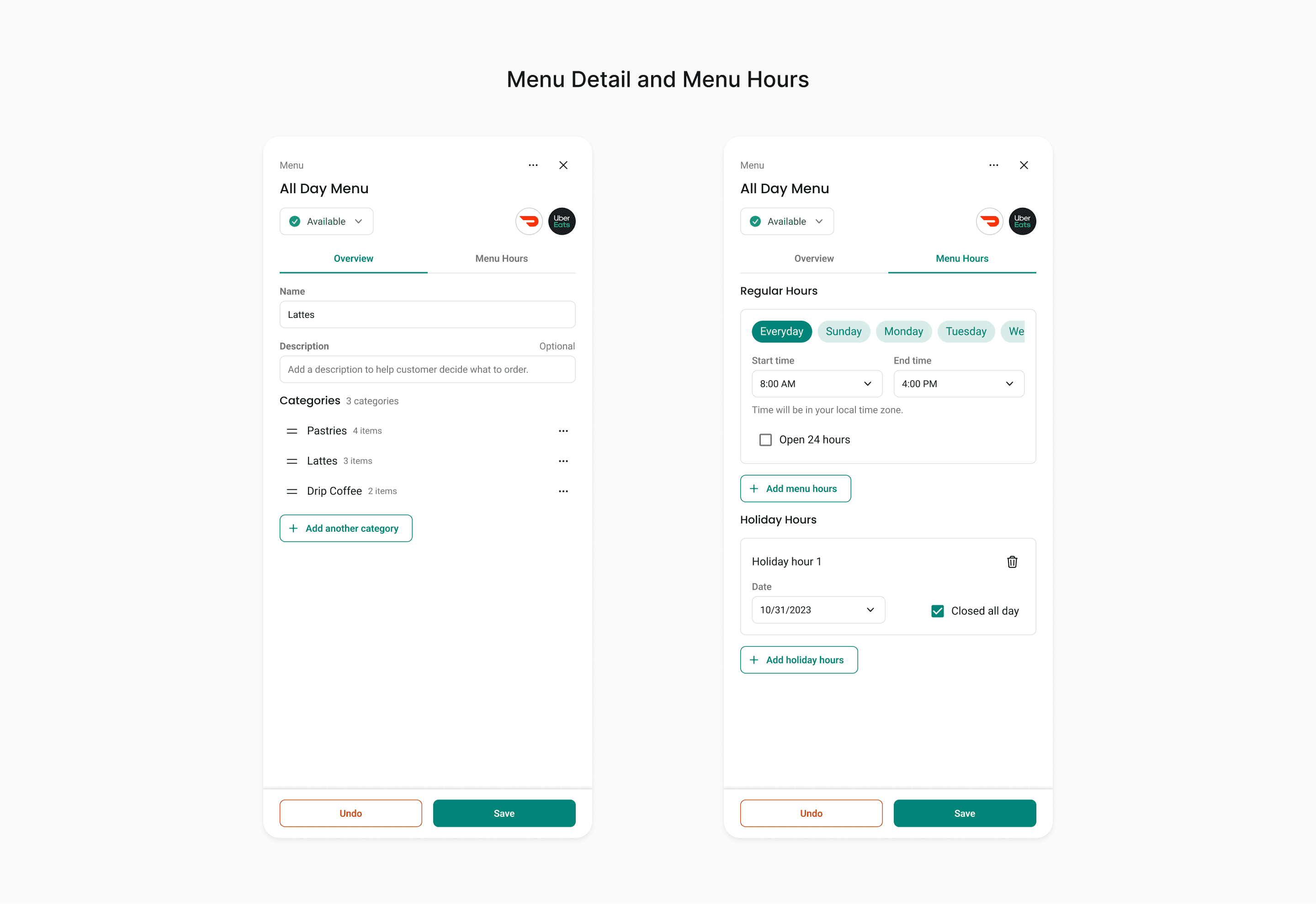 Titled "Menu Detail and Menu Hours". Two views of the menu detail side panel side by side. The first shows the Overview tab with menu name, description, and categories. The second shows the Menu Hours tab, listing Regular Hours with day-of-week chips and start and end times, plus a Holiday Hours block.