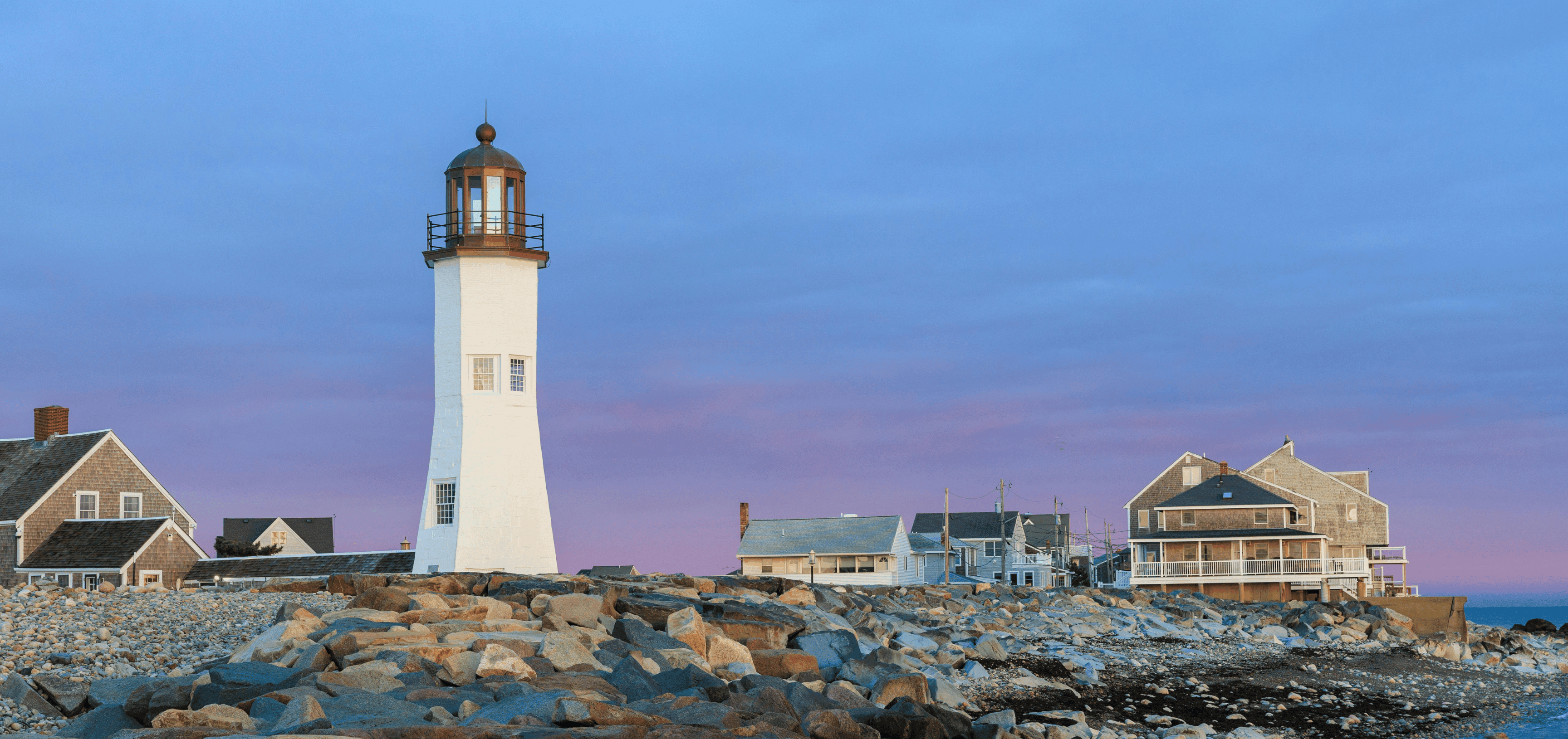 Scituate Lighthouse and coastal homes on the Massachusetts South Shore
