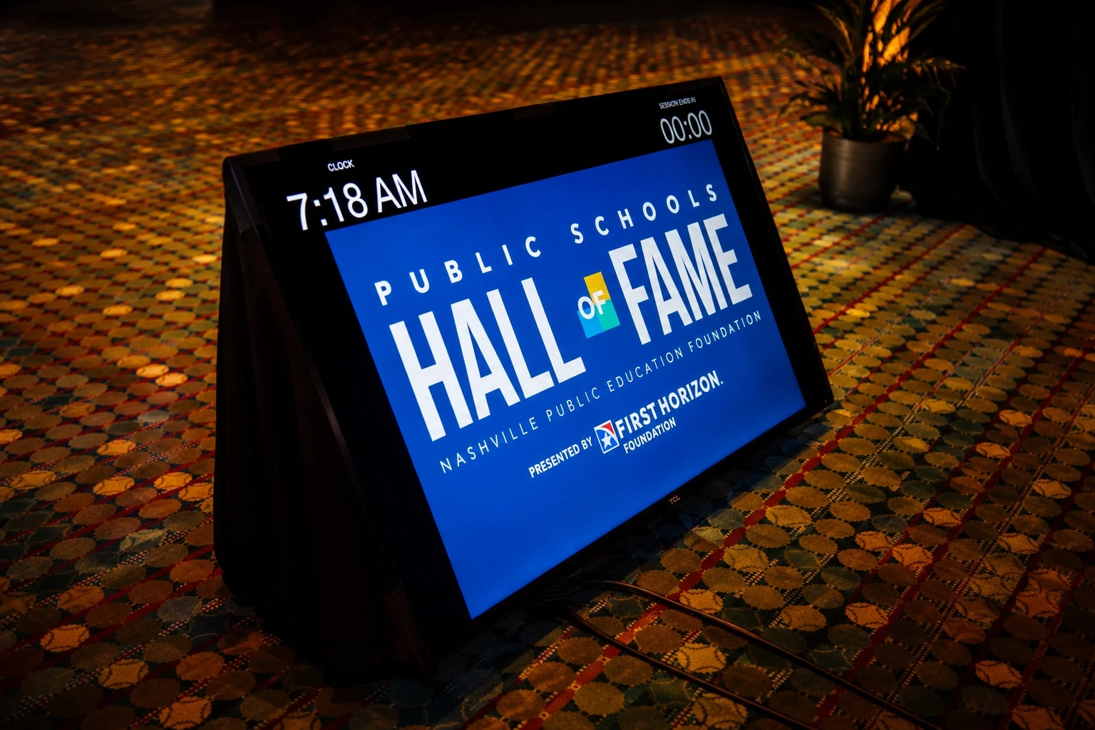 'Public Schools Hall of Fame' branded sign on the ballroom floor at the Nashville Public Education Foundation gala — event production by UpLight Technologies