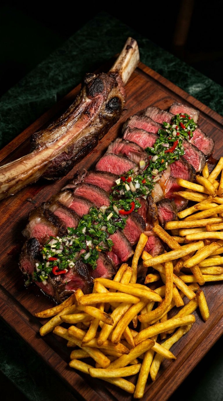 Seared steak with chimichurri and fries