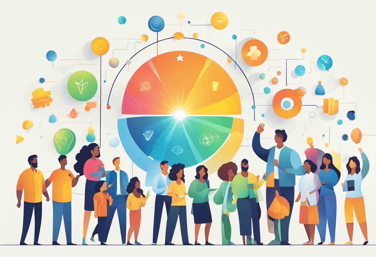 A company logo shining brightly above a diverse group of happy employees, with words like "innovation," "opportunity," and "diversity" floating around them