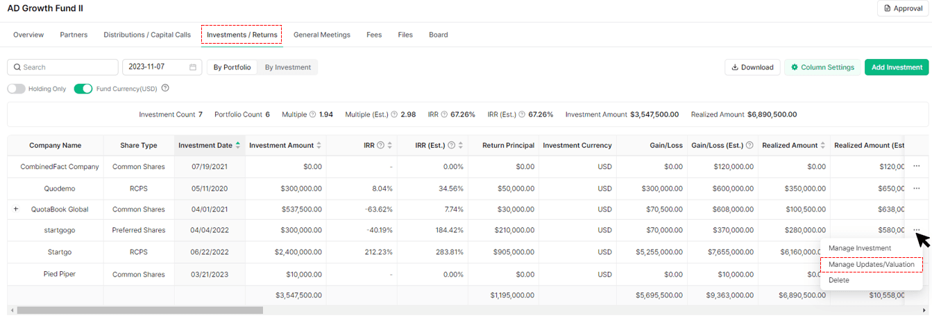 Manage Updates/Valuation