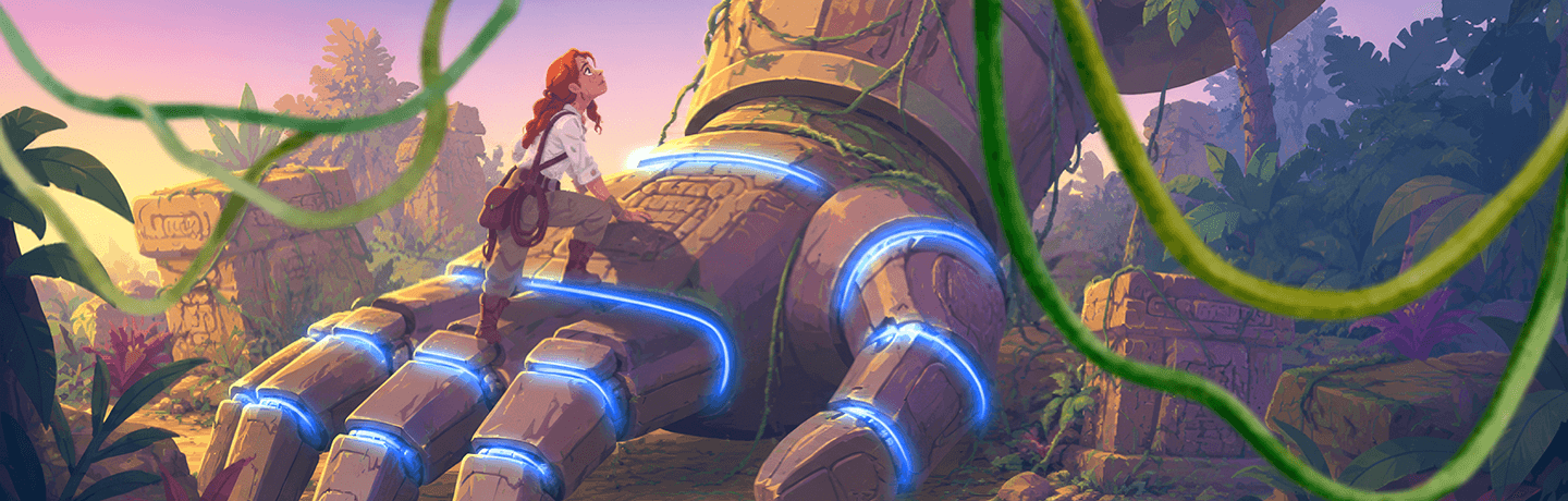 Explorer inspecting a glowing mechanical robot hand buried in overgrown jungle ruins.