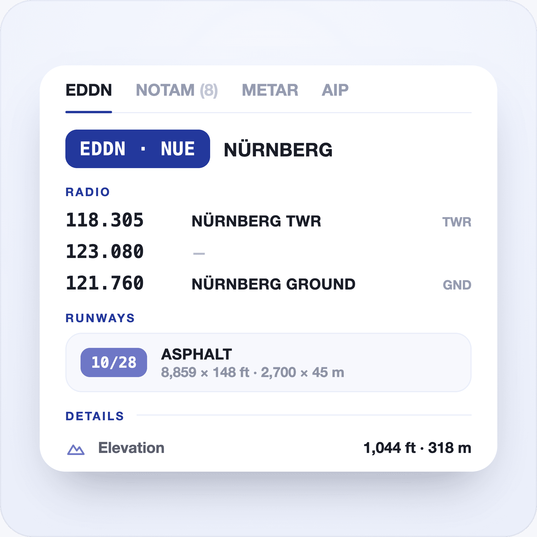 Airport details in FLYLOG.io showing radio frequencies, runways and elevation