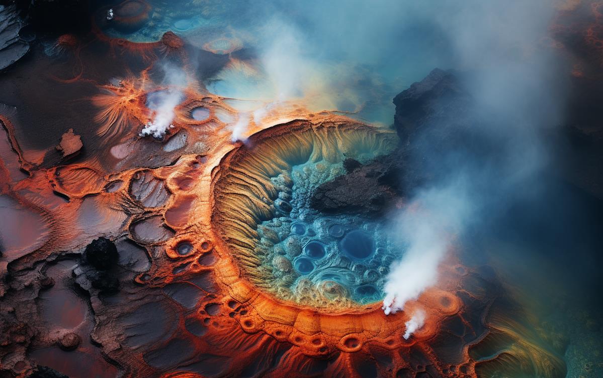 Aerial view of a vibrant geothermal pool with swirling blue water, surrounded by fiery orange and red mineral deposits. Steam rises, creating an ethereal atmosphere.