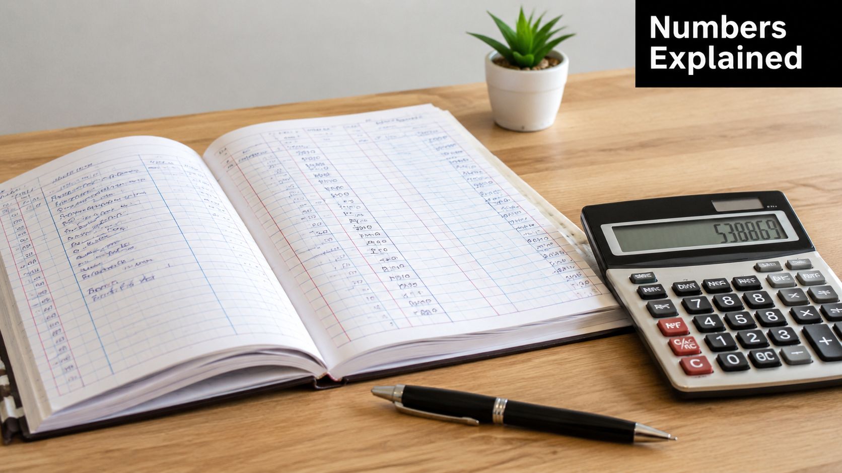 An open accounting ledger with handwritten entries next to a calculator and a pen on a desk.