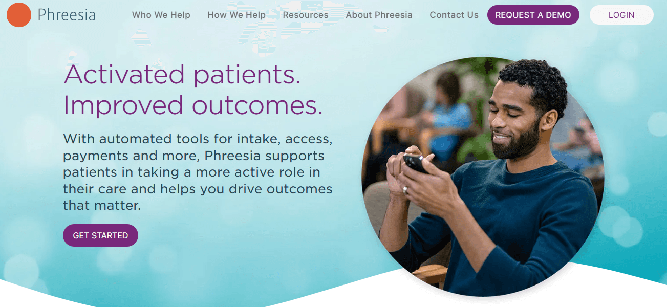 Homepage screenshot of Phreesia showing the hero section and navigation bar
