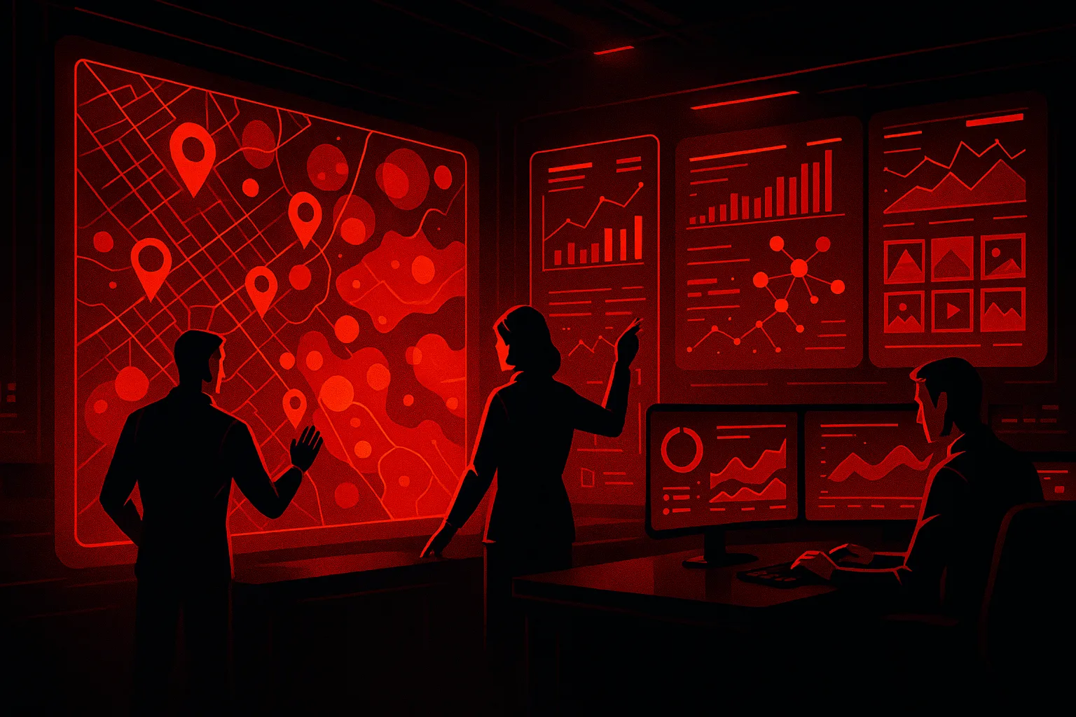 RockN' Socials team analyzes data in red-lit digital marketing agency.