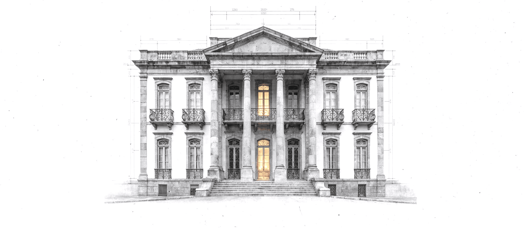 Mansão familiar neoclássica com anotações técnicas marginais — planejamento patrimonial e sucessório no novo ambiente normativo