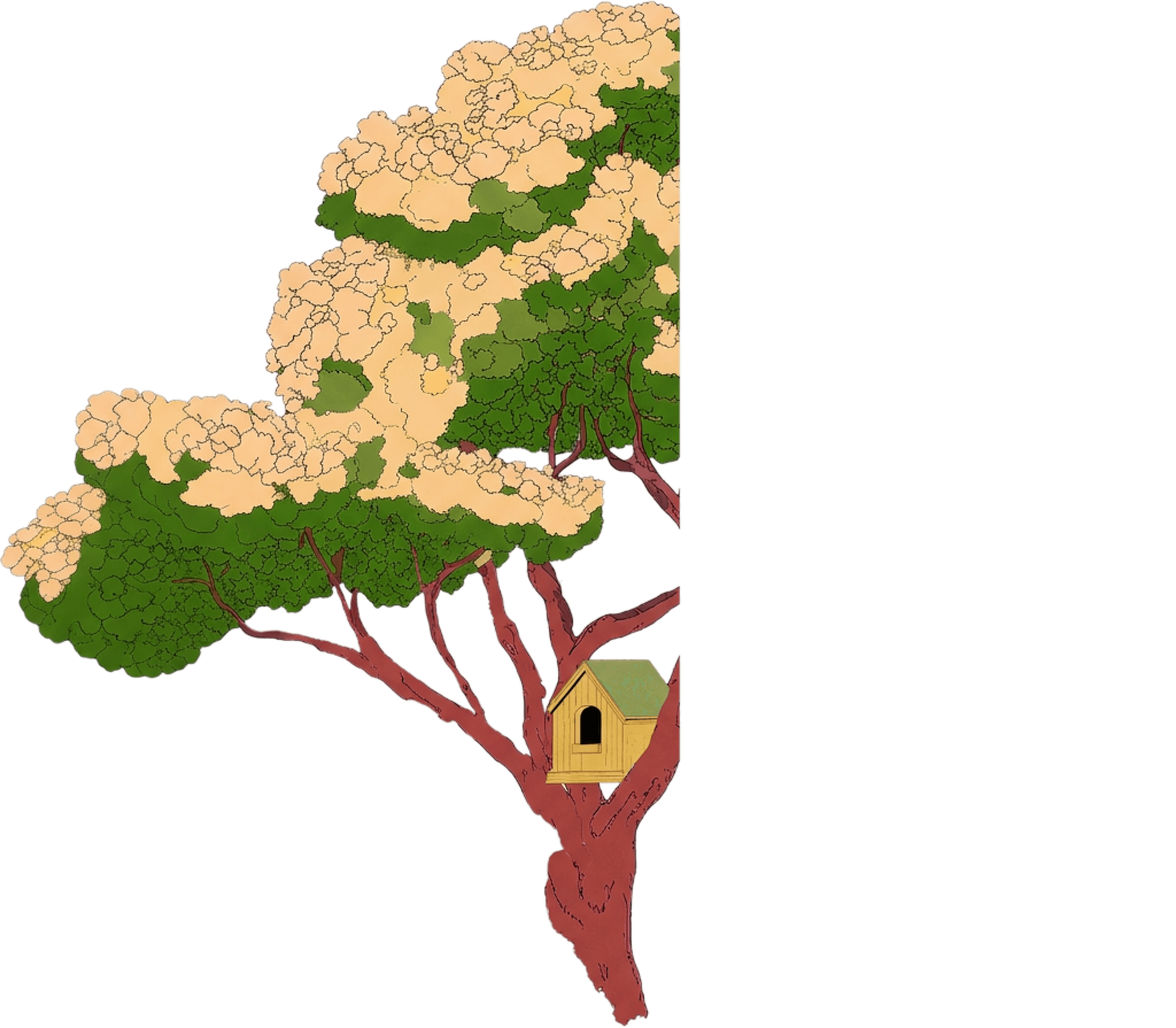 Stylized tree with yellow-green leaves and a birdhouse in red branches.