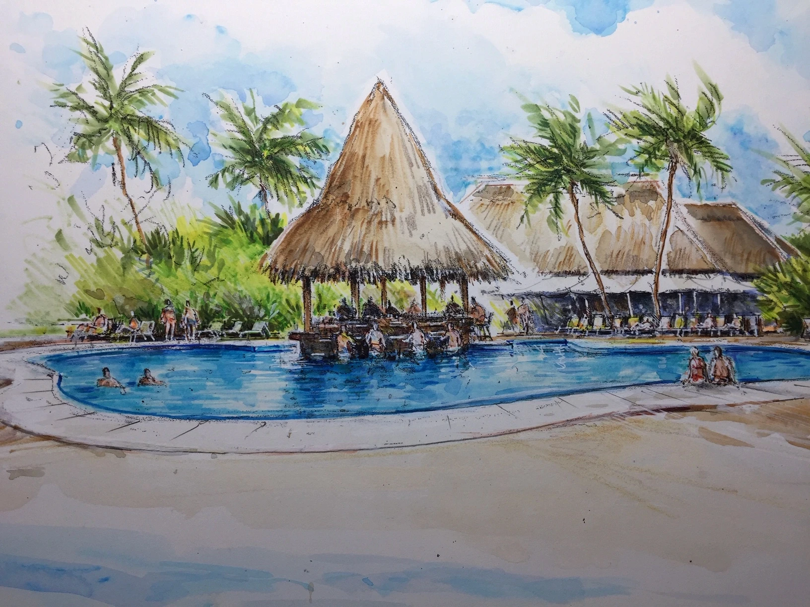 Architectural concept sketch of Lava Rock Clubhouse pool bar and thatched pavilions in St. Lucia by Atelier International LLC