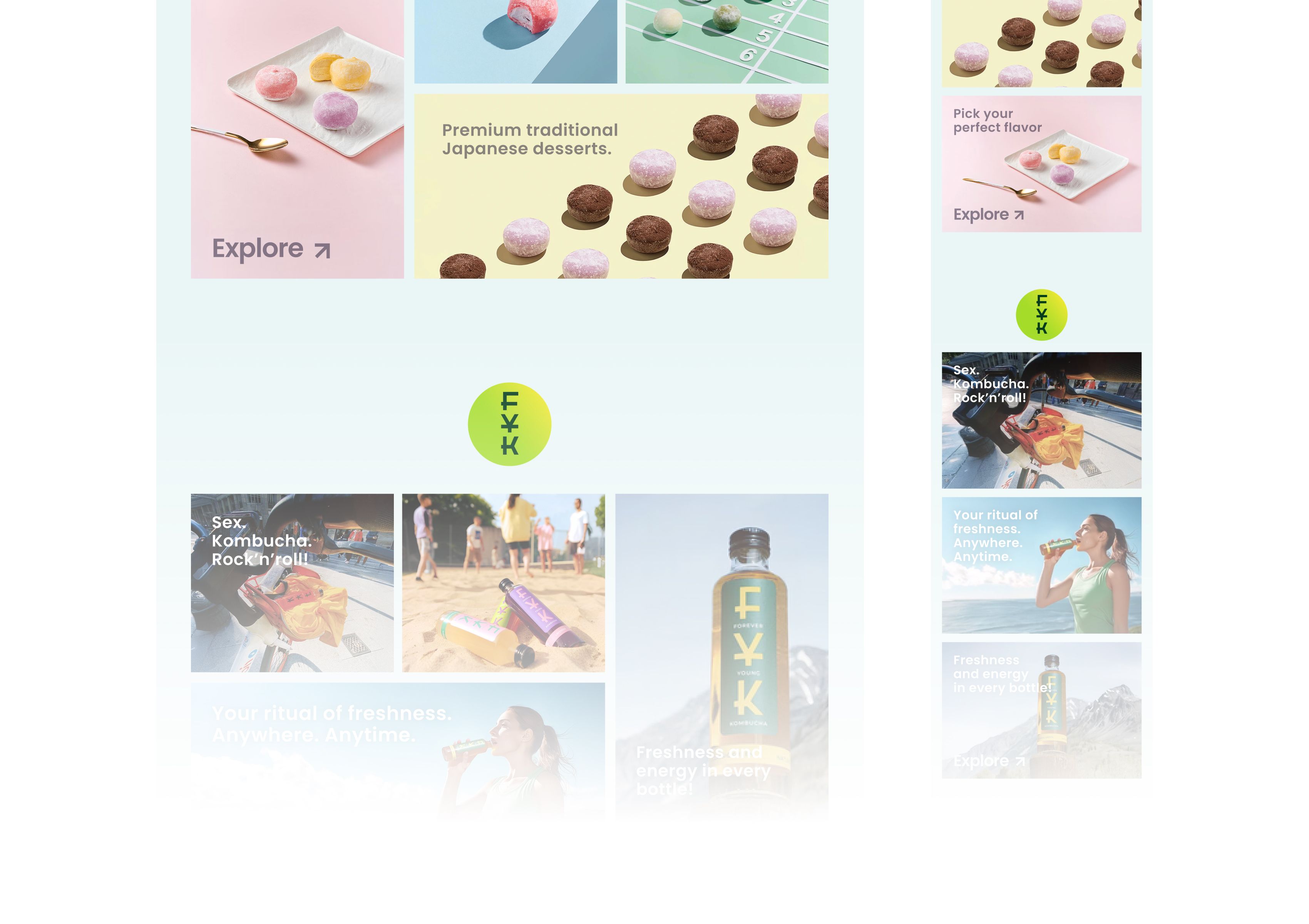 OHYO Distribution product catalog showcasing MOTI Japanese desserts and FYK Kombucha branding.