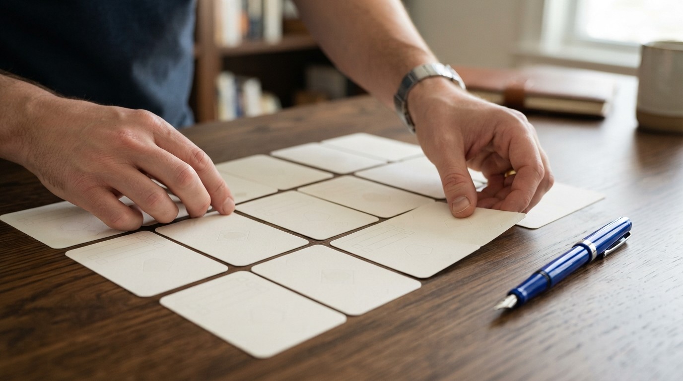 Organizing project cards on a desk for campaign planning