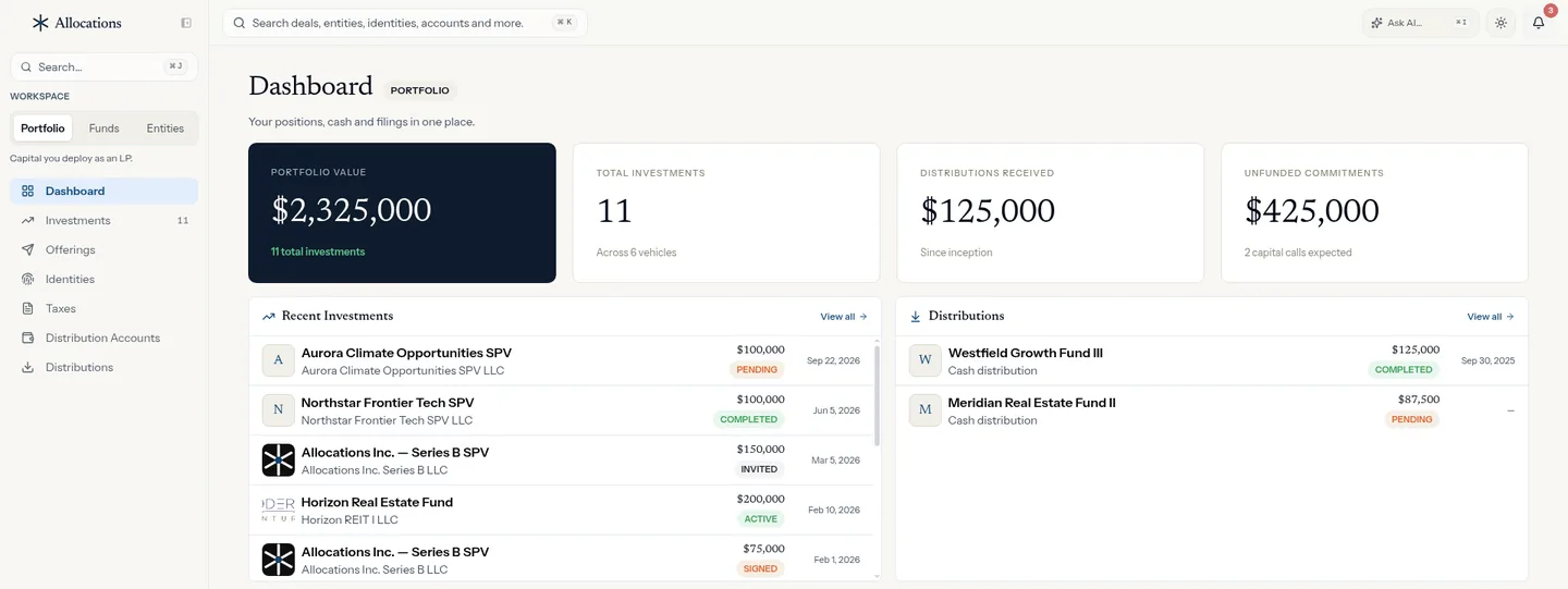 LP portfolio dashboard: portfolio value, total investments, distributions received and unfunded commitments (demo data).