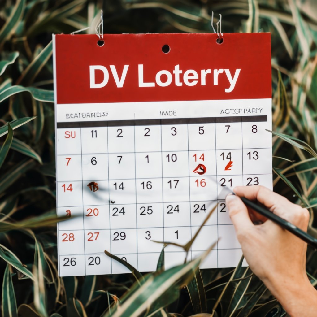 Calendar with specific dates circled in red, highlighting critical deadlines for the Diversity Immigrant Visa Program application process, stressing the importance of timely submission.