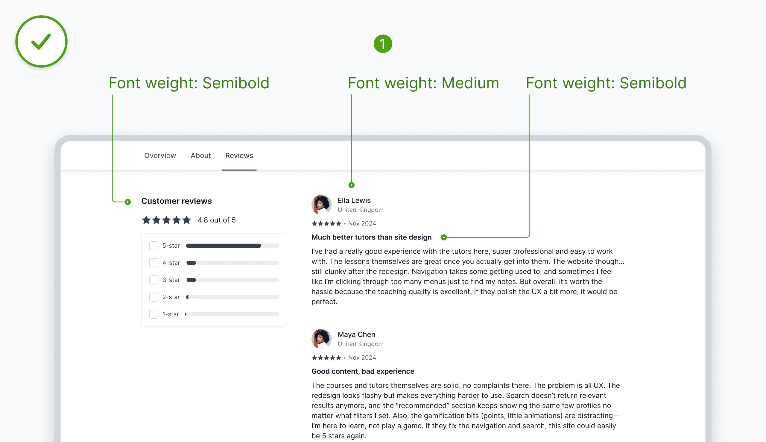 A correct example of using font weights in an interface