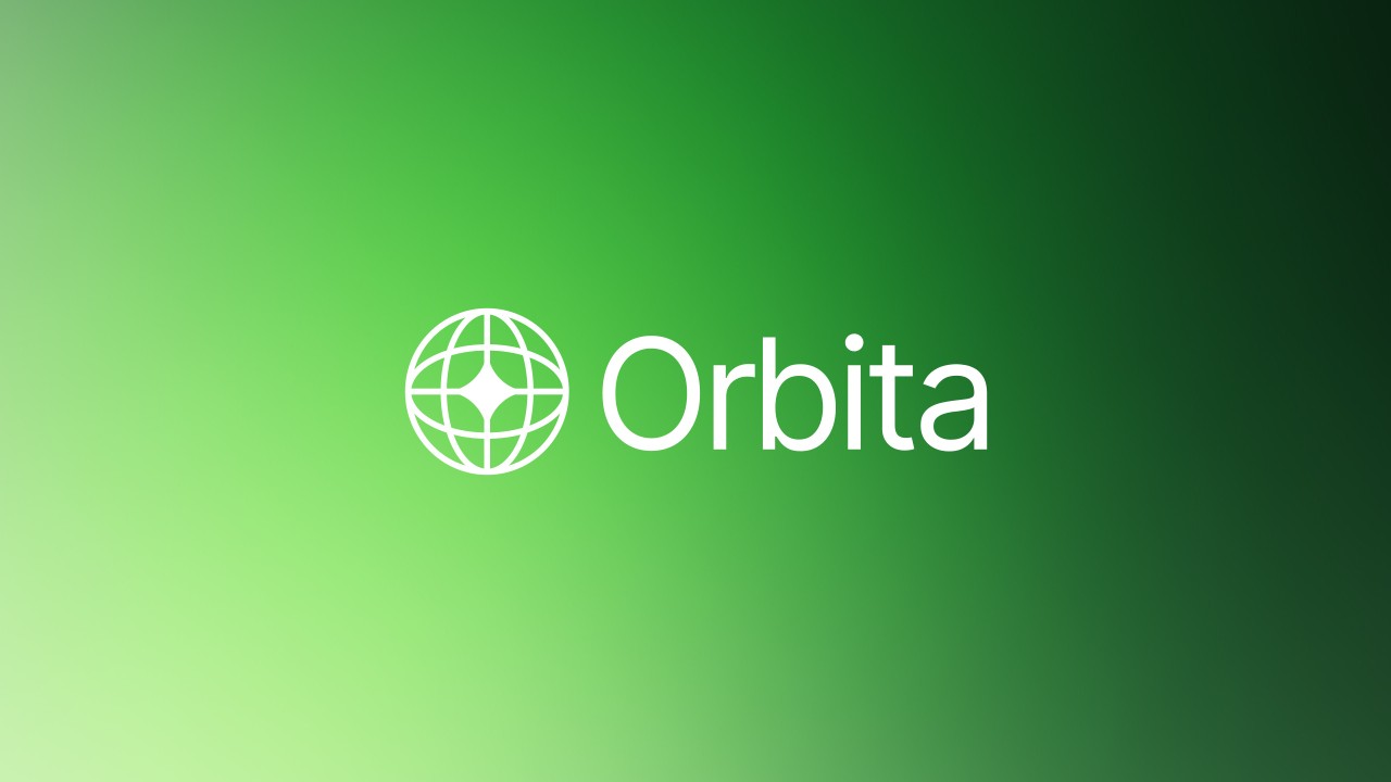 White outline of a spherical grid-within-a-globe icon followed by the word “Orbita” in white sans-serif type, centred on a smooth lime-to-forest green gradient background.