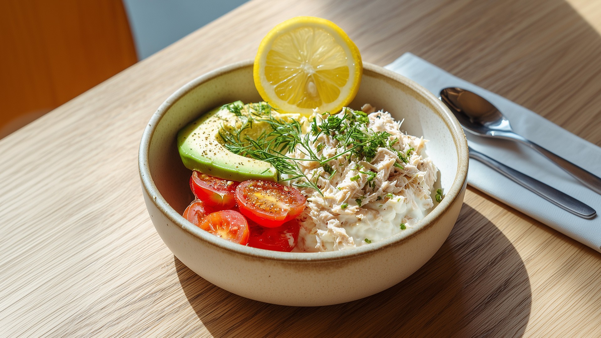 Eine Bowl mit zerkleinertem Thunfisch aus der Dose, Magerquark, Avocadoscheiben, Tomaten und Kräutern, serviert mit Zitronenscheibe auf einem hellen Holztisch
