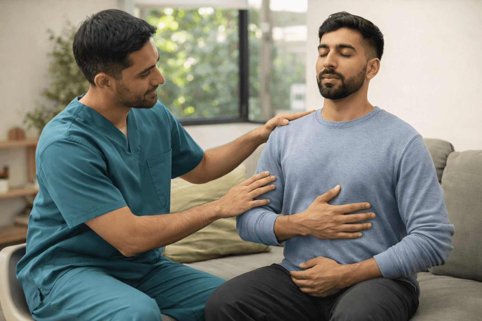 A therapist taking notes while speaking with a client during a counseling session.