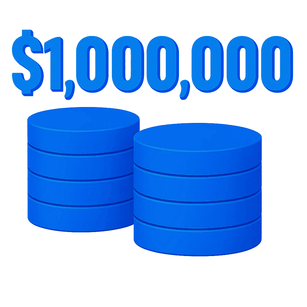 3D gold illustration with the text $1,000,000 above stacked coins and a clock icon