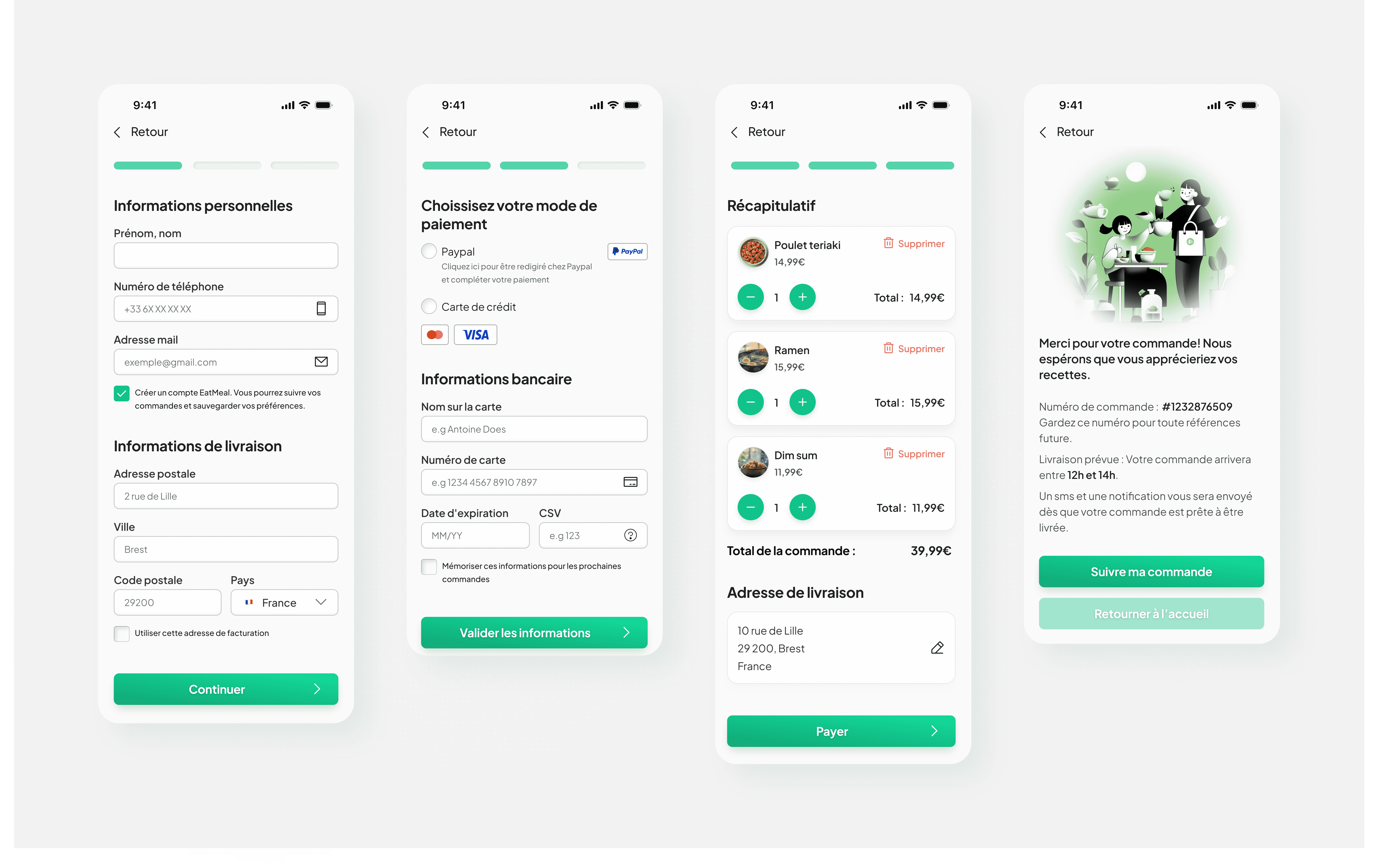 trois écrans de l'application eatmeal