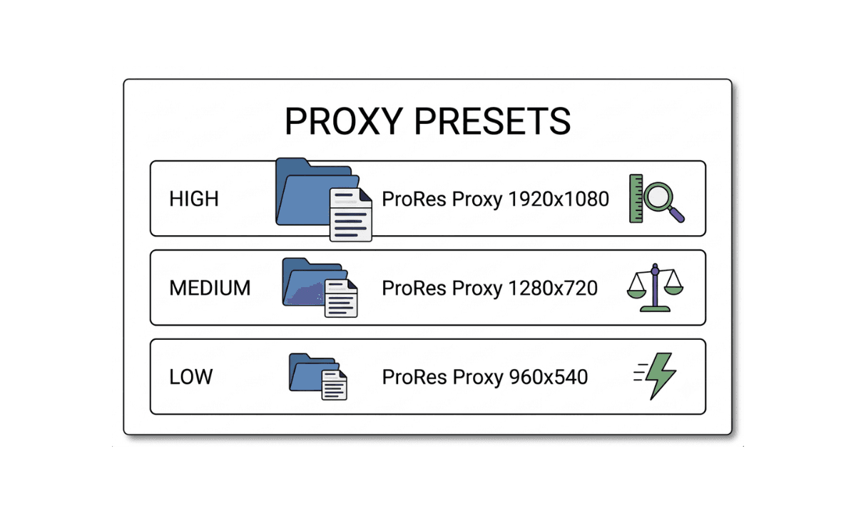 Flat illustration showing Premiere Pro's three proxy presets, High, Medium, and Low, each mapped to their actual ProRes Proxy resolution and a recommended use case.