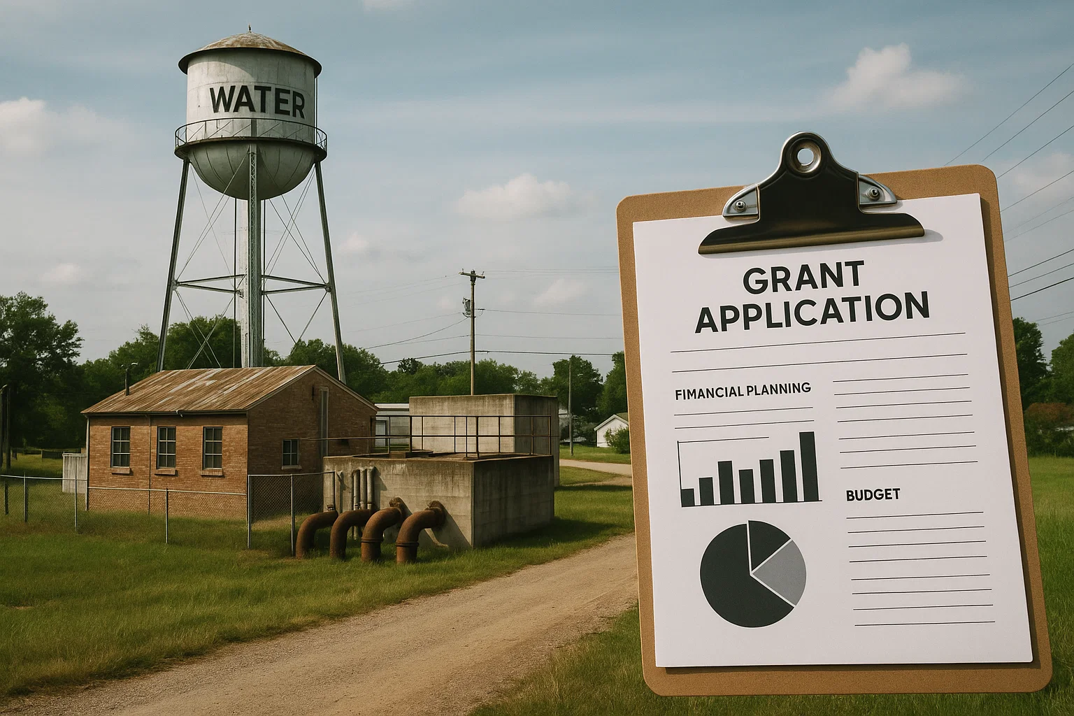 A small rural water treatment plant with aging infrastructure alongside a modern funding document. The image contrasts a water tower and treatment facility in a small town setting with a clipboard showing grant applications and financial planning documents, symbolizing the path from infrastructure challenges to funding solutions.