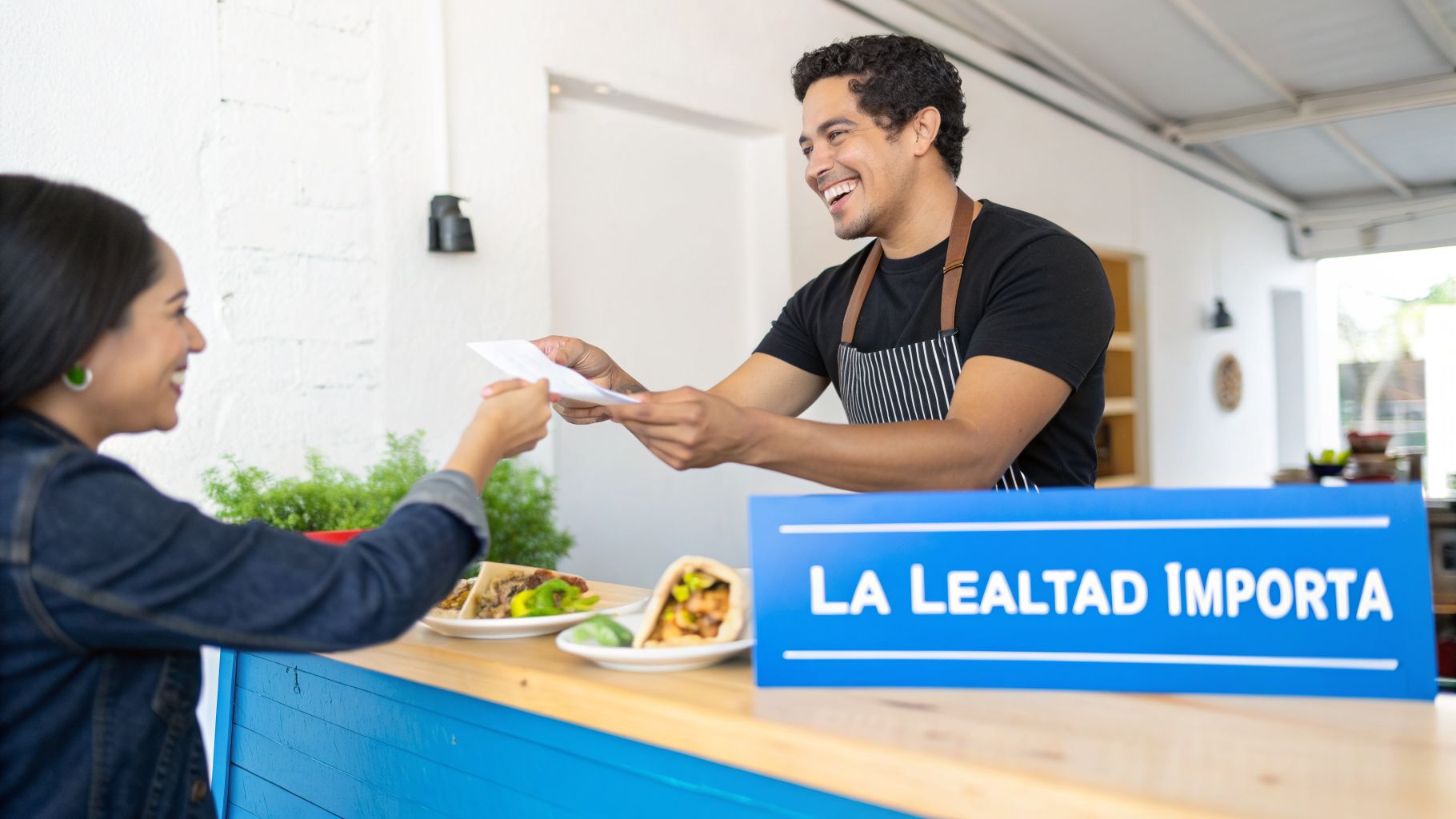 Hombre sonriente con delantal atiende a clienta feliz en restaurante, con un letrero de 'La lealtad importa'.