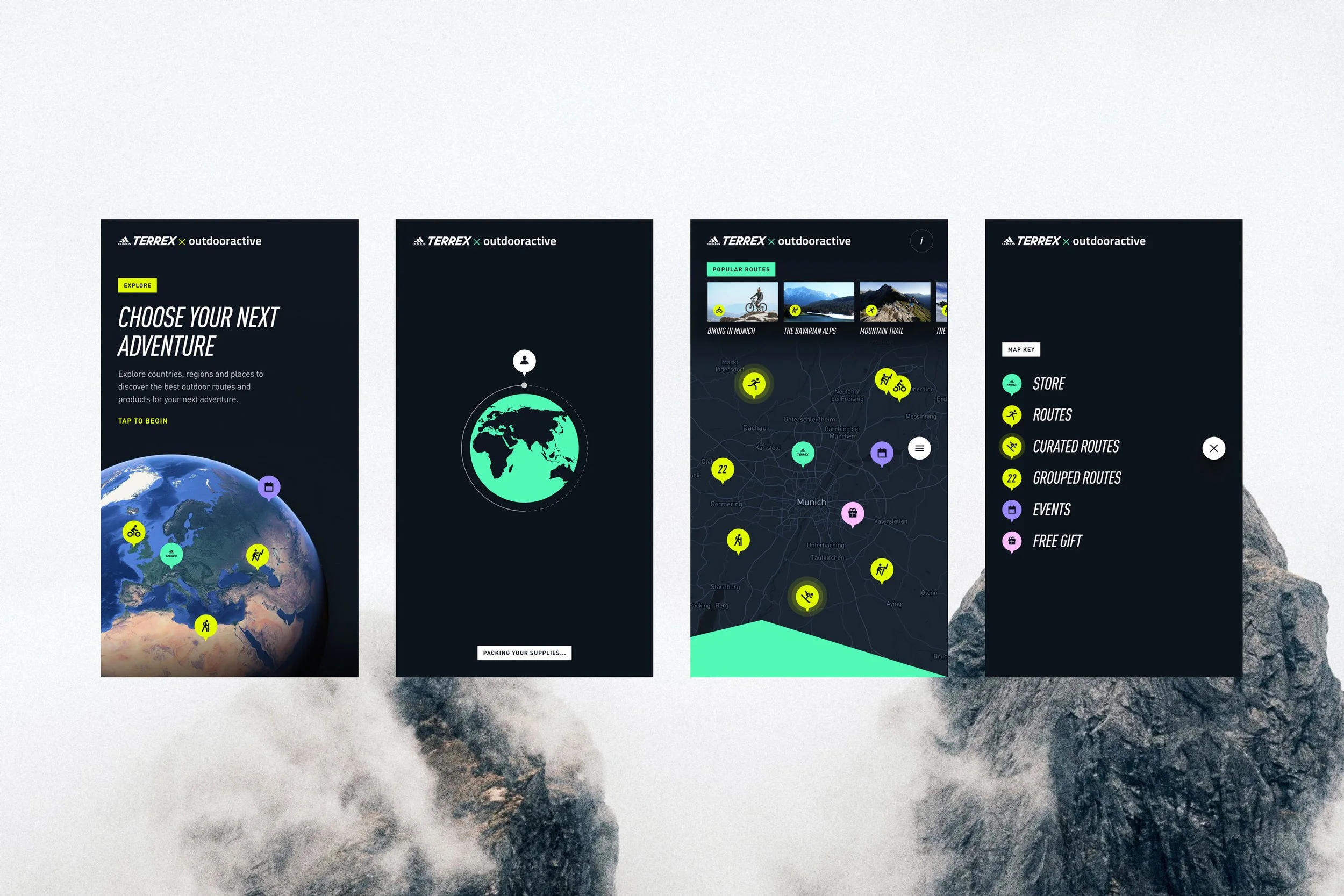 Interactive splash screen, loader, map, and menu for adidas TERREX, an outdoor performance brand.