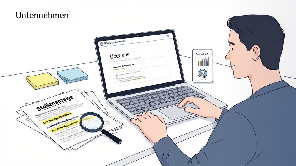 Mann am Schreibtisch sucht in Stellenanzeigen und auf Laptop-Webseite nach Informationen.