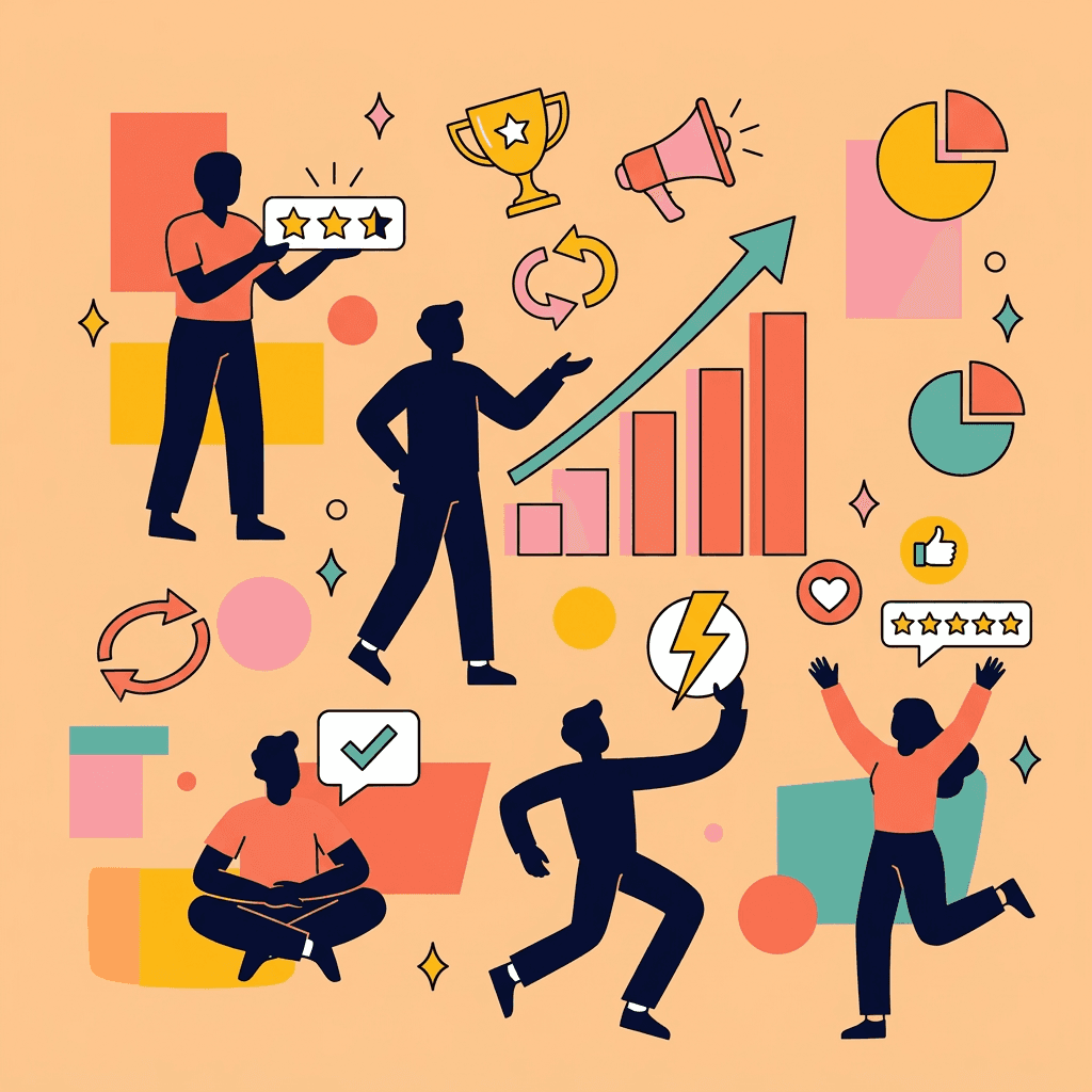 A vibrant flat vector illustration showcasing a team of people celebrating growth and operational success. The scene features diverse characters interacting with various business icons, including a rising bar chart with a growth arrow, a trophy, a megaphone, pie charts, and customer rating stars. The design uses a warm palette of orange, teal, and yellow to symbolize positive change, efficiency, and collaborative achievement.