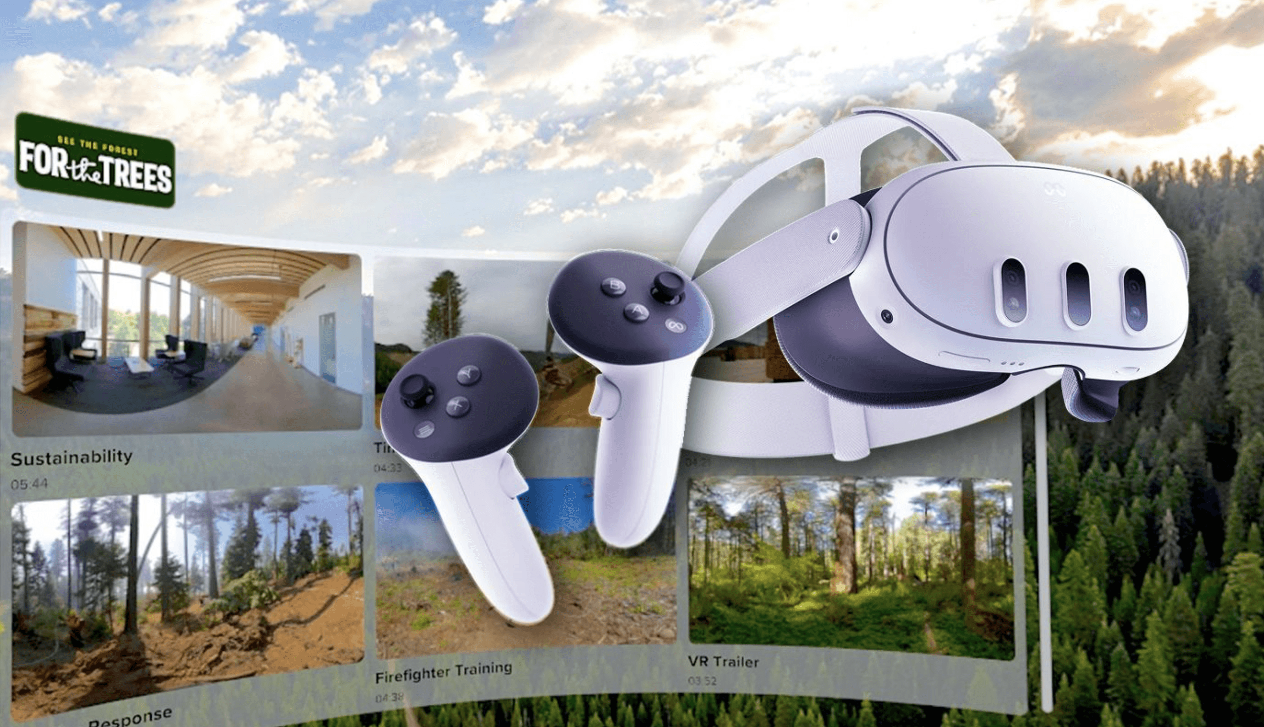 VR headset and controllers over forest scenes for the See the Forest for the Trees campaign