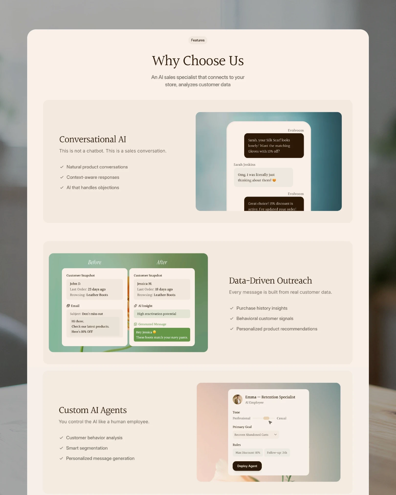 Evolvoom features section with conversational AI, data-driven outreach and custom AI agents — web design by Luna UI design studio