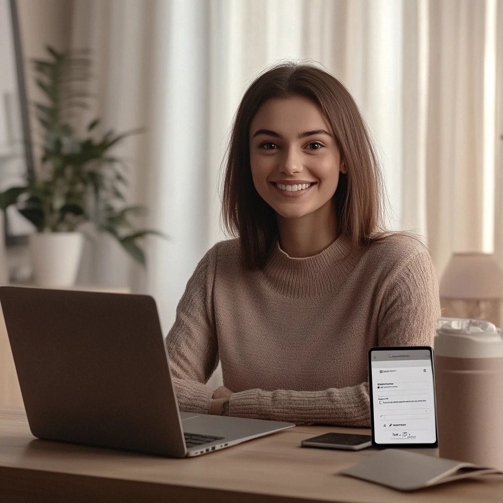 Jeune femme souriante travaillant sur un ordinateur portable et un smartphone, dans un intérieur lumineux et chaleureux.