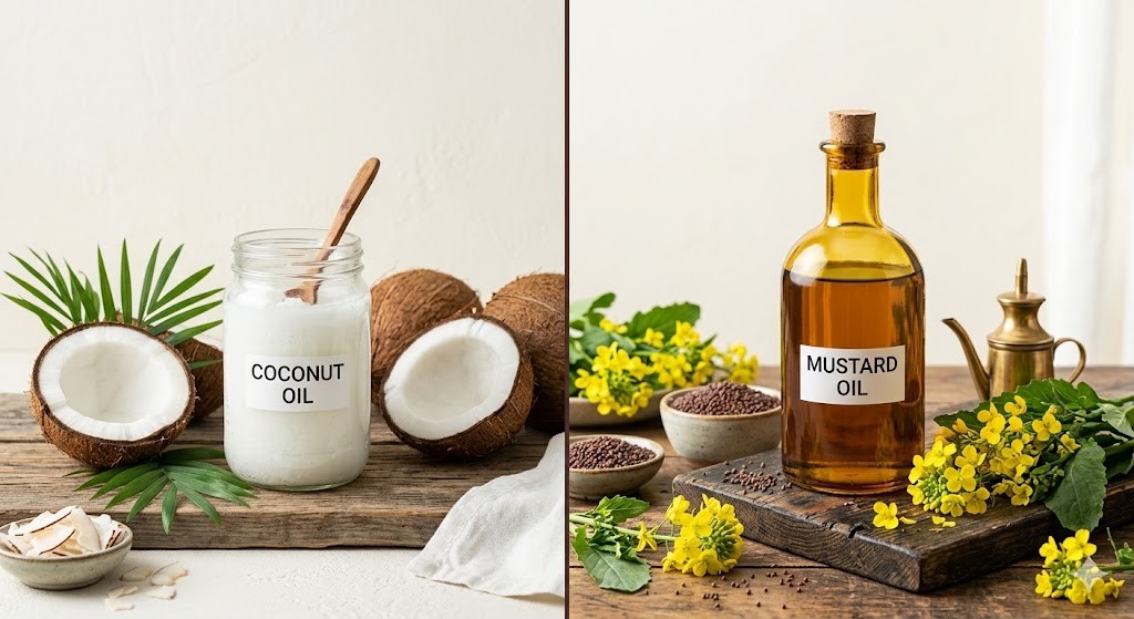 A comparative split image showing solidified white coconut oil in a glass jar with fresh coconuts on the left, and liquid golden mustard oil in a glass bottle with yellow mustard flowers and seeds on the right.
