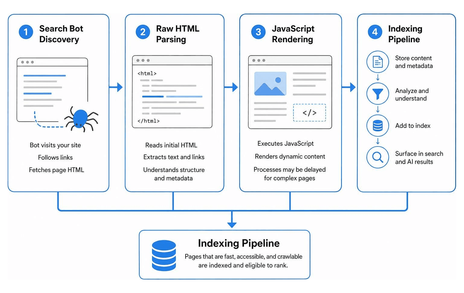 Diagram showing search bot discovery, raw HTML parsing, JavaScript rendering, and the indexing pipeline