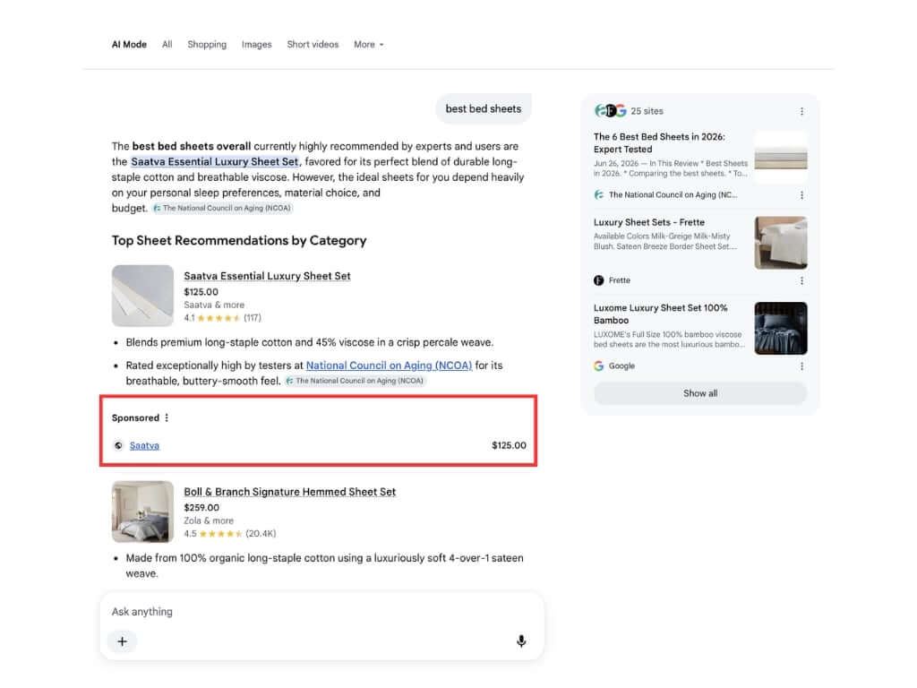 Google AI Mode in-line non-rich shopping ads