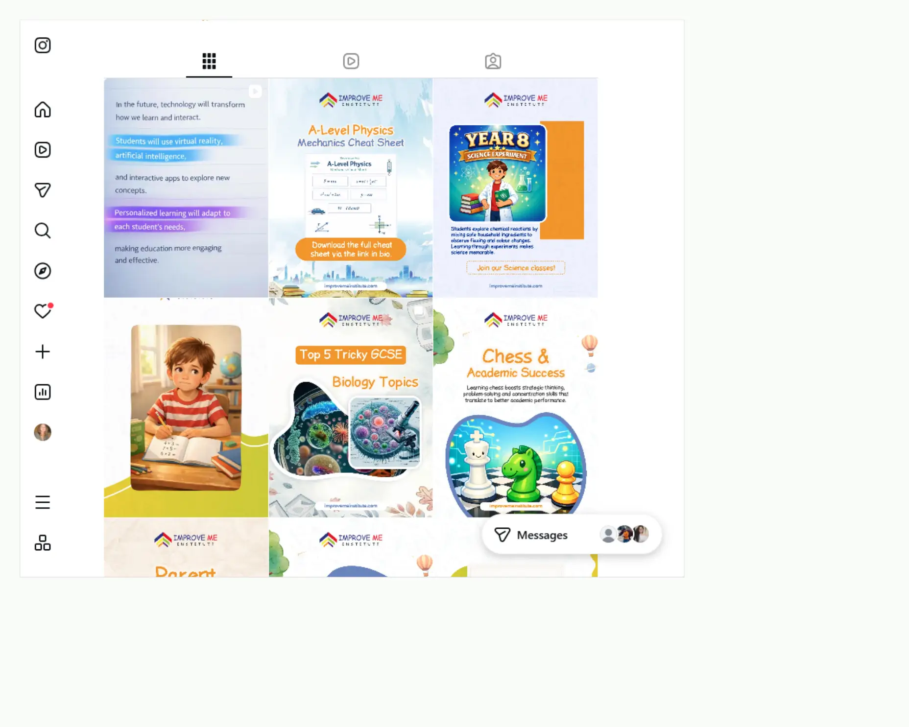 Improve Me Institute educational Instagram feed with physics, biology, and chess study posts.