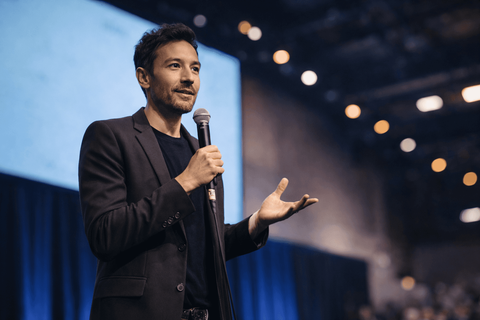 Man in suit speaking into microphone at conference, gesturing with hand.