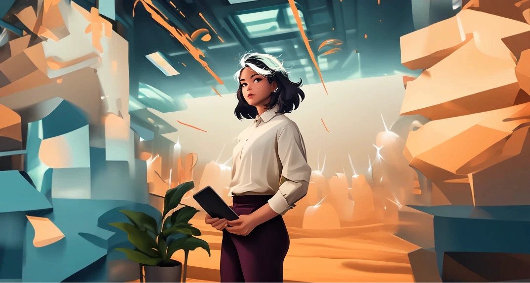 Illustration d'une femme manager métiers marchés financierstenant une tablette dans un univers déstructuré, symbolisant notre expertise en "Stratégie & Consulting" pour transformer les organisations et affronter les futurs défis avec agilité