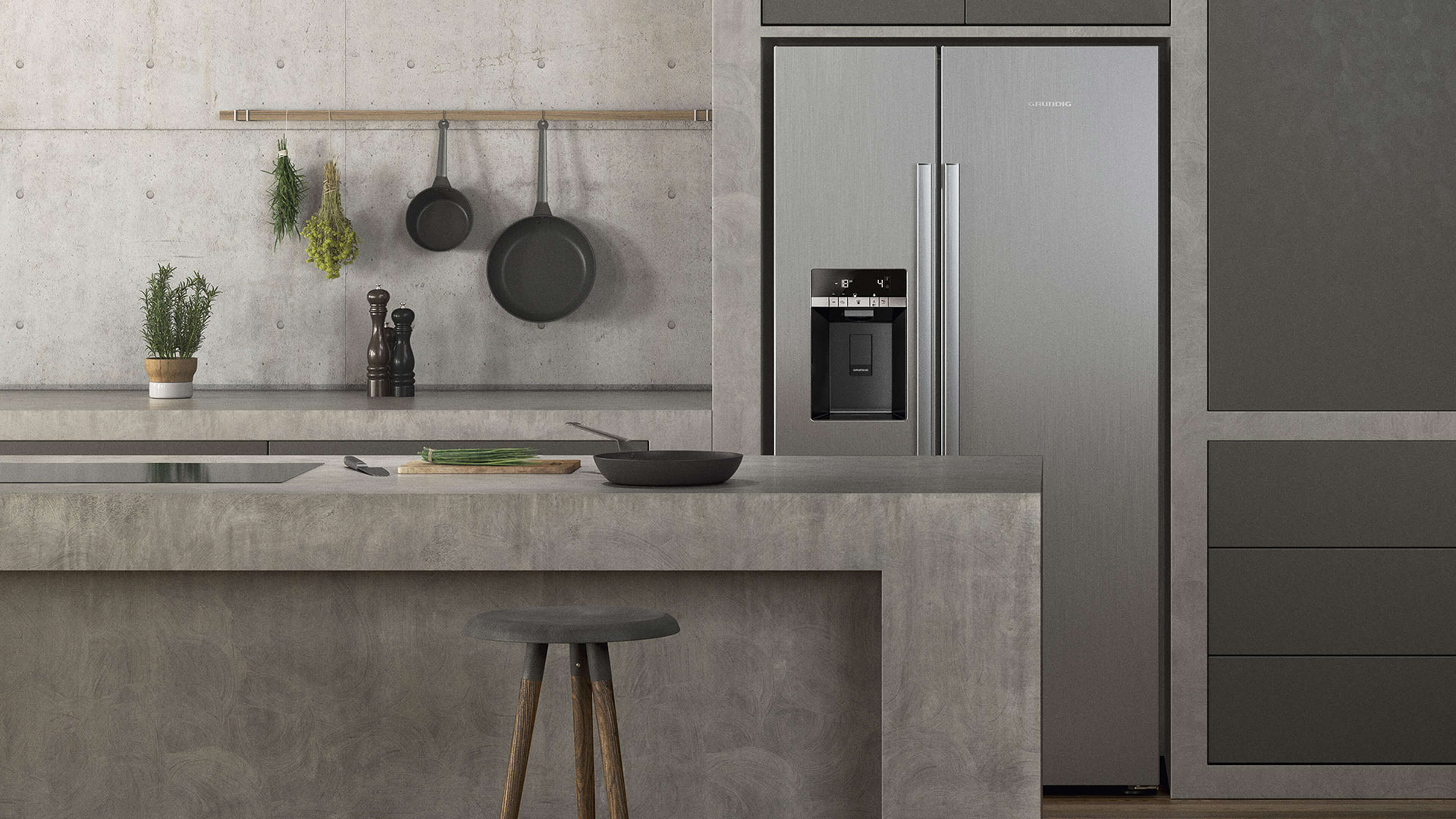 Modern kitchen interior with built-in Grundig refrigerator and smart storage design, showcasing a clean and minimalistic lifestyle.