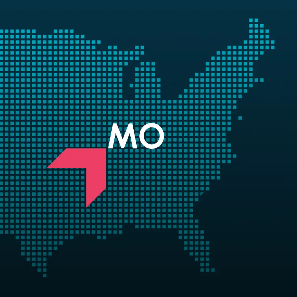 Map highlighting Missouri with a red arrow, representing GIA Group, LLC truck insurance coverage area.