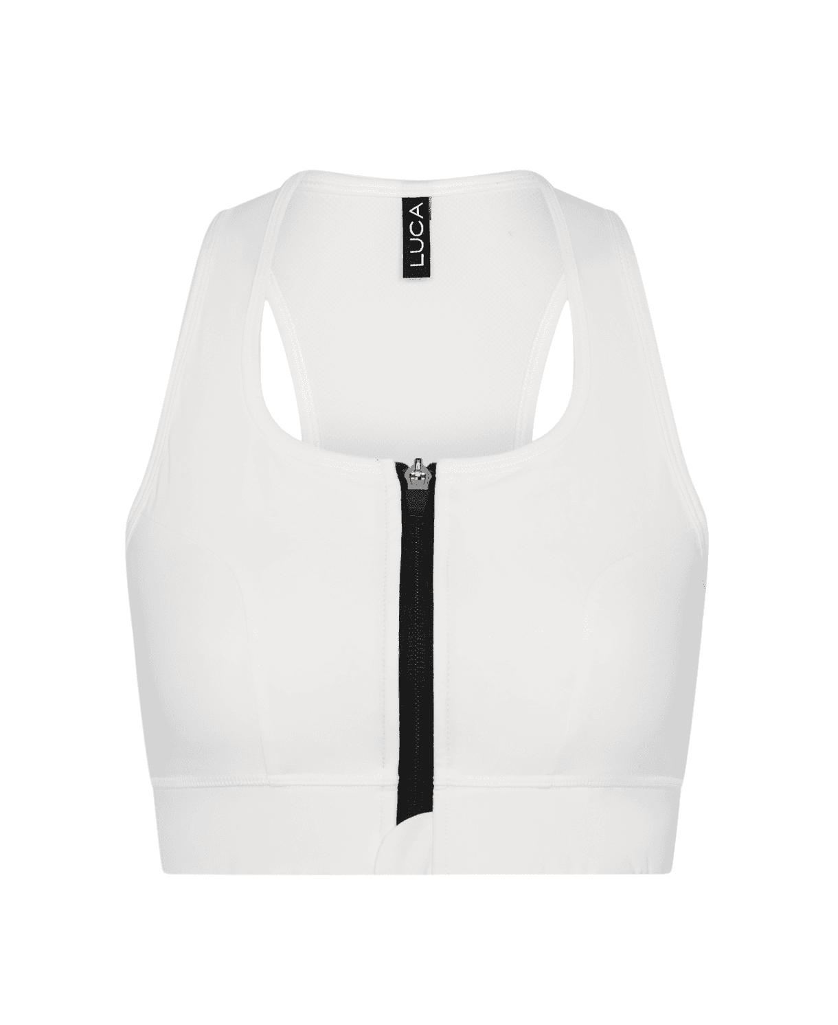 Front-view-of-a-Elevate-Sports-Bra - Off-White-with-a-full-black-front- zipper-and-a-LUCA-logo-tag-on-the-shoulder-strap