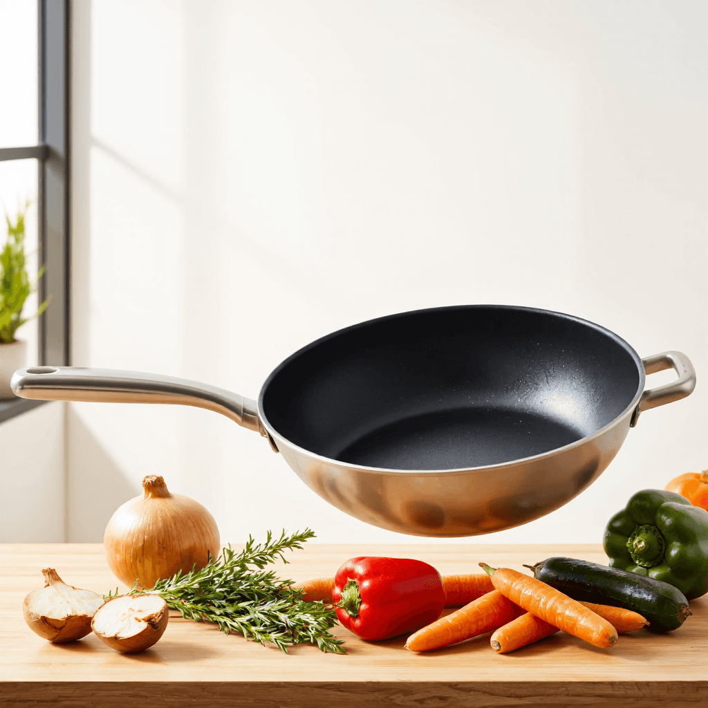 product photography of a frying pan with a non-stick surface