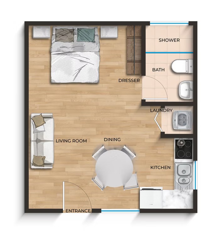 A living room with a white couch and a table