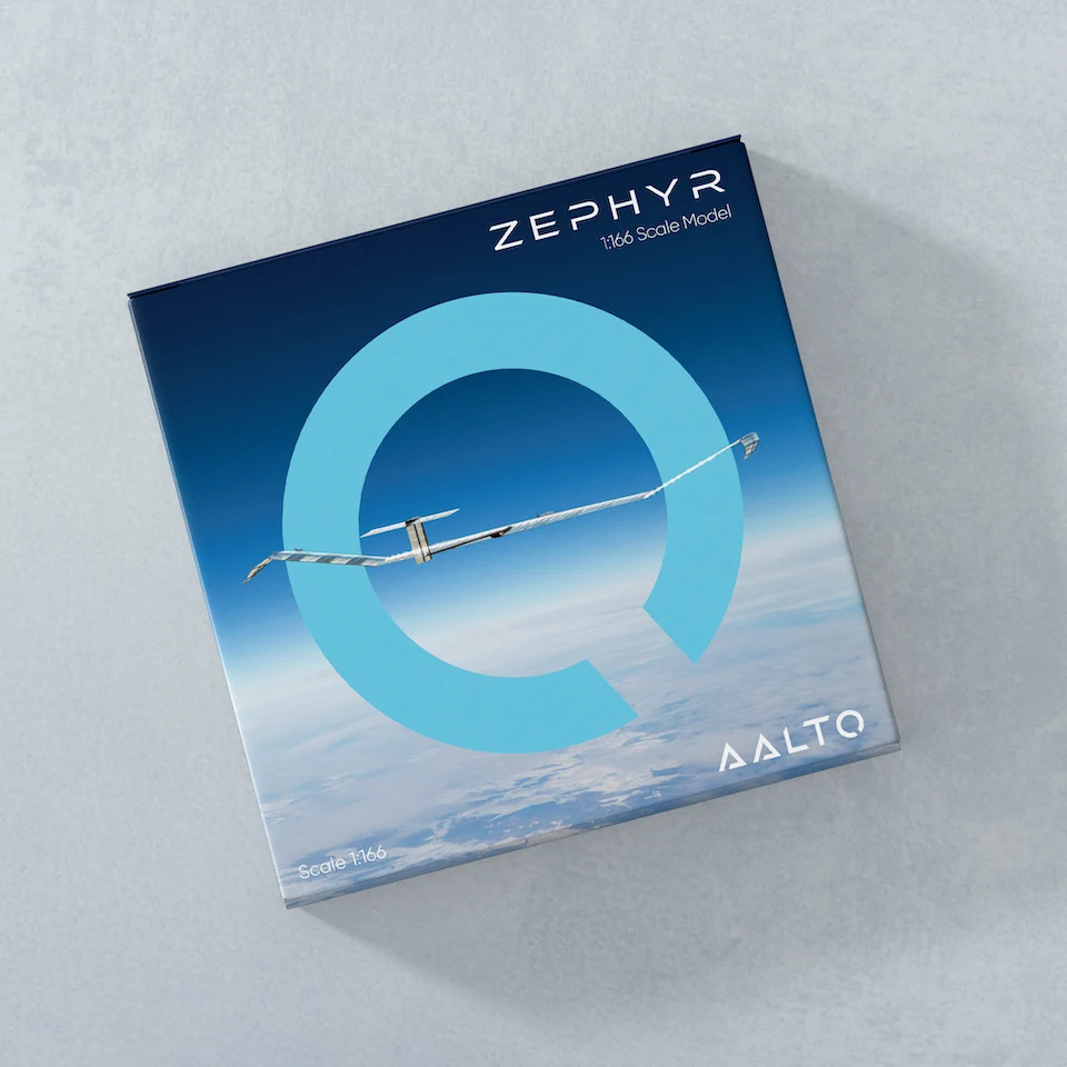 ZEPHYR 1:166 scale model product packaging featuring aircraft silhouette against sky with large Q-shaped graphic element