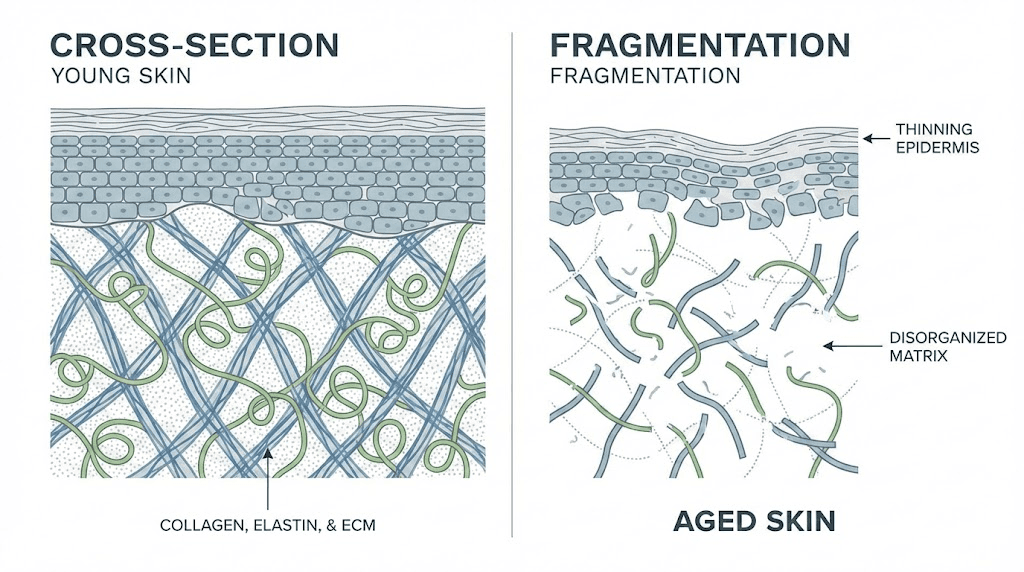 Comparison of young and aged skin structure showing collagen and elastin breakdown causing wrinkles