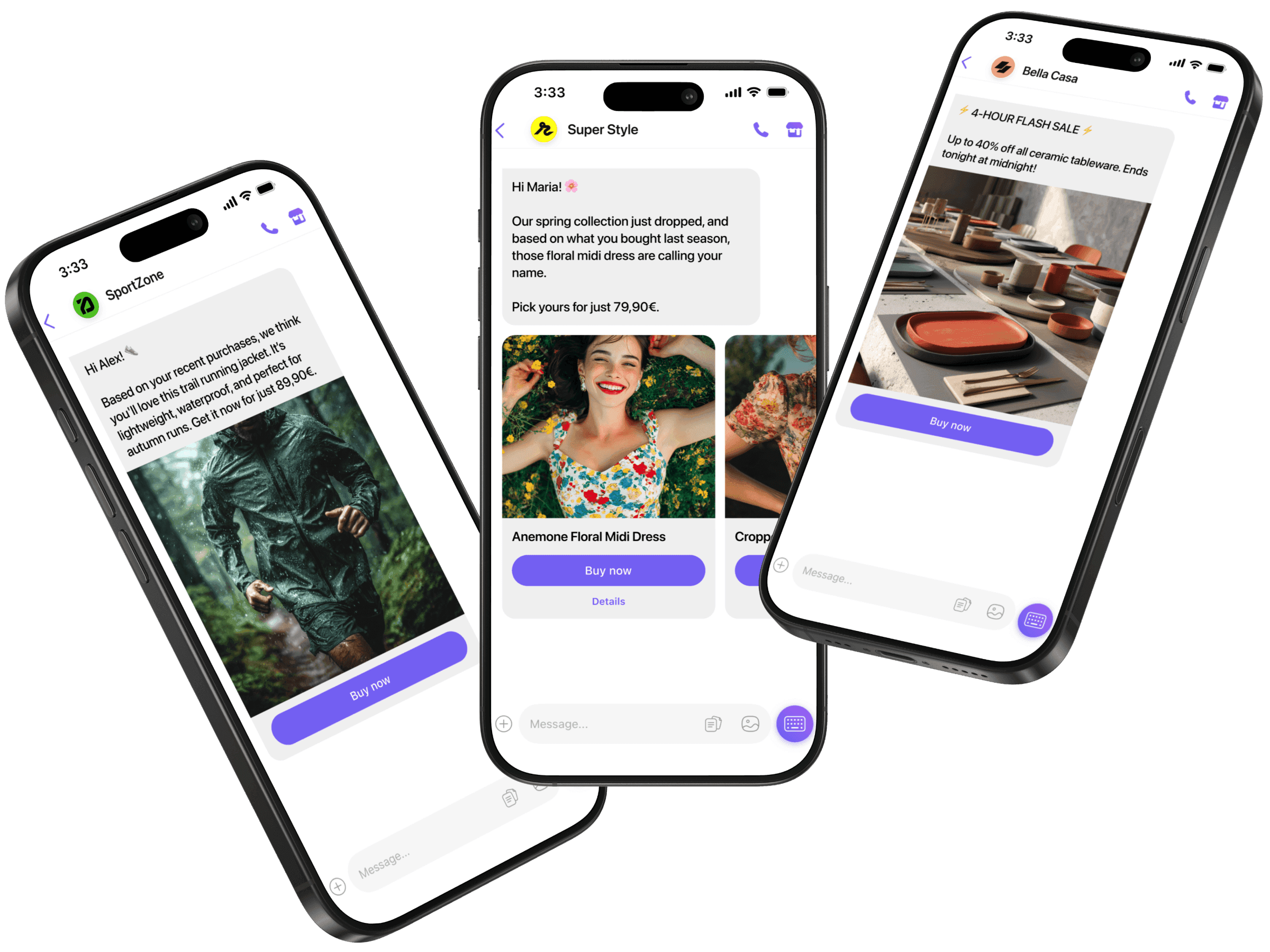 3 mobile app screens, showcasing Viber and WhatsApp campaigns from sports equipment, fashion & apparel, and home decor e-shops.