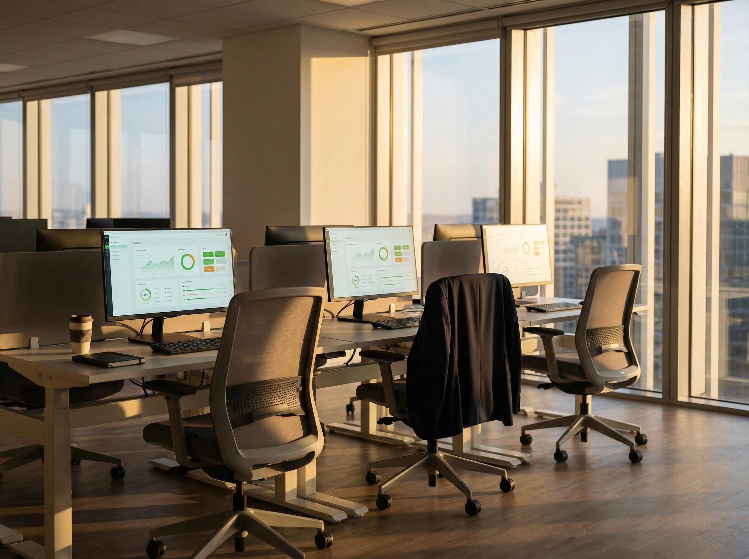 A quiet, early-morning shot of a WHS team's shared workspace before the team has arrived. Three desks are visible, each with a monitor that is on and showing a clean dashboard with green and amber status indicators — the screens are active, the chairs are empty. One desk has a jacket draped over the chair. Another has a keep cup and a closed notebook. Morning light is streaming in through large windows, casting long warm shadows across the desks. The office is still. The system is running.